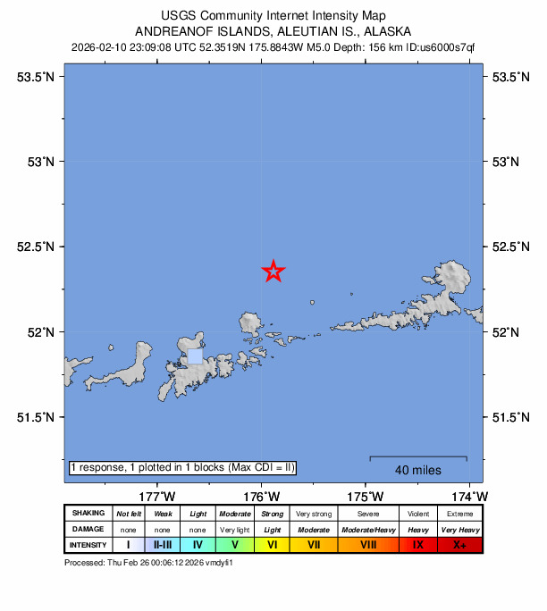 USGS DYFI community-reported intensity map for the M5.0 earthquake near 74 km NE of Adak, Alaska
