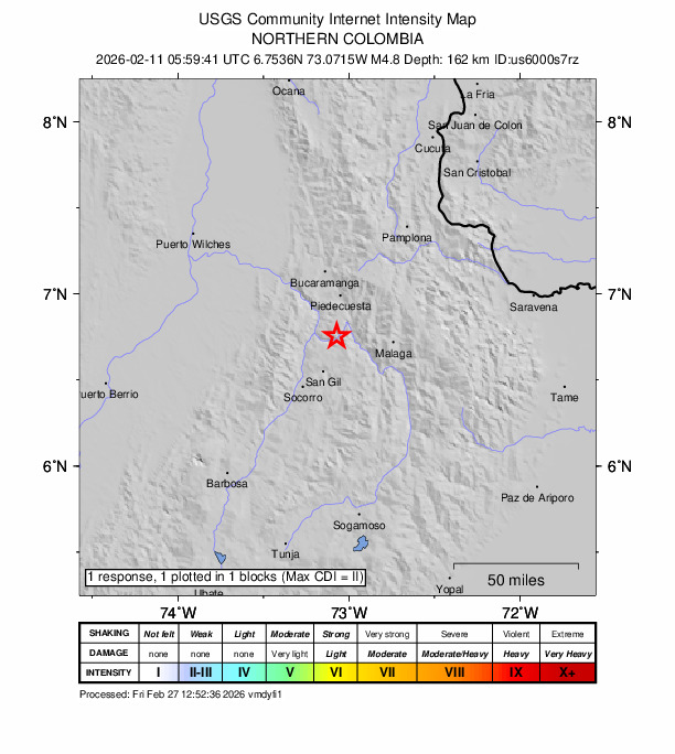 USGS DYFI community-reported intensity map for the M4.8 earthquake near 3 km NE of Jordán, Colombia