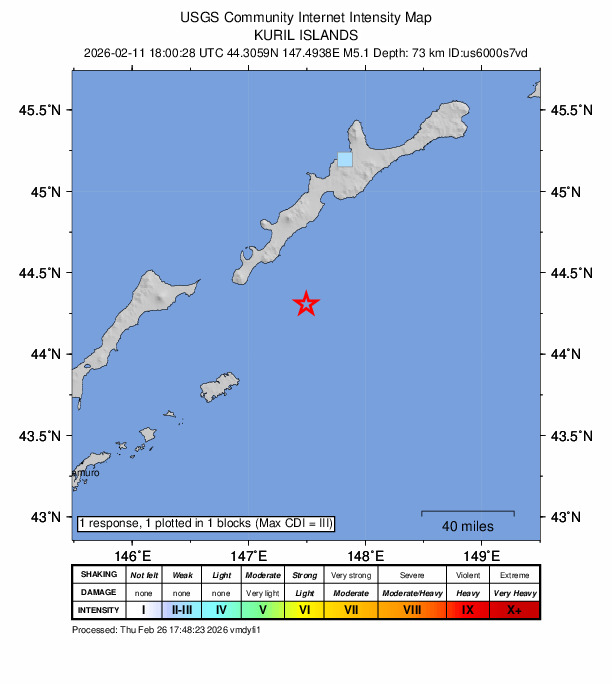 USGS DYFI community-reported intensity map for the M5.1 earthquake near 83 km NE of Shikotan, Russia