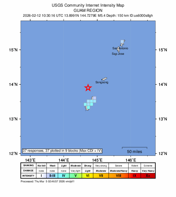 USGS DYFI community-reported intensity map for the M5.4 earthquake near 45 km NNW of Yigo Village, Guam