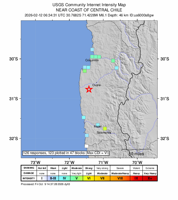 USGS DYFI community-reported intensity map for the M6.1 earthquake near 28 km SW of Ovalle, Chile