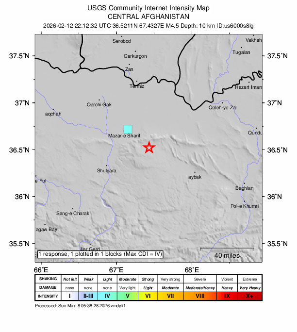 USGS DYFI community-reported intensity map for the M4.5 earthquake near 30 km SW of Khulm, Afghanistan