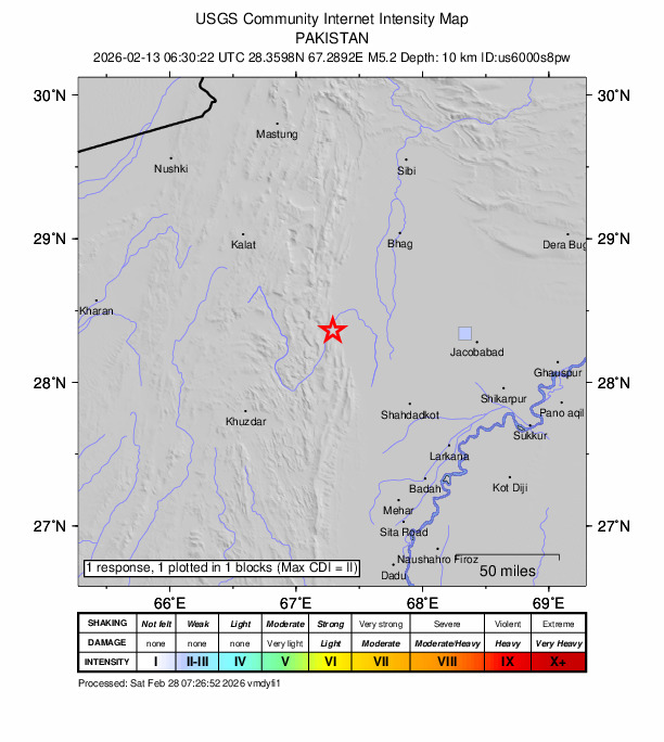 USGS DYFI community-reported intensity map for the M5.2 earthquake near 72 km WNW of Chowki Jamali, Pakistan