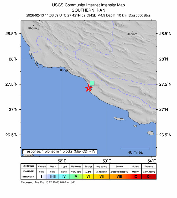 USGS DYFI community-reported intensity map for the M4.9 earthquake near 33 km SW of Mohr, Iran