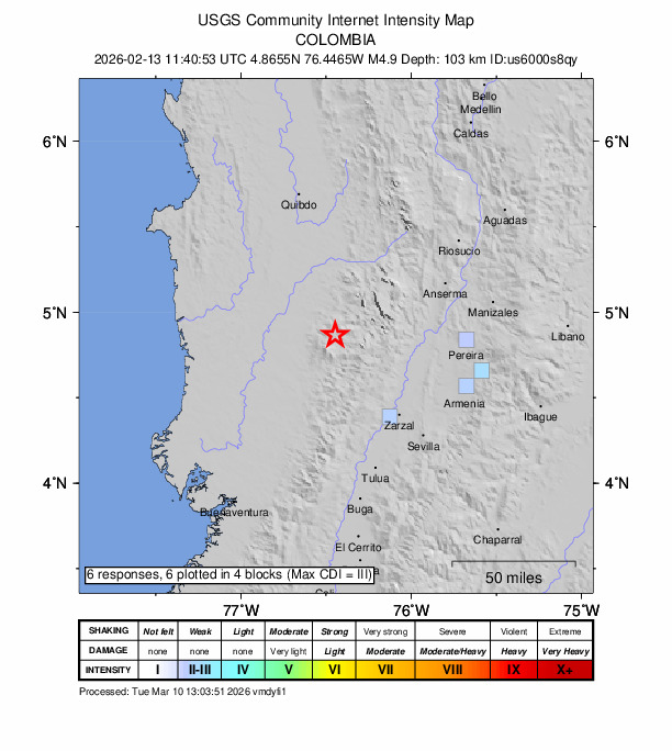 USGS DYFI community-reported intensity map for the M4.9 earthquake near 20 km ESE of Nóvita, Colombia