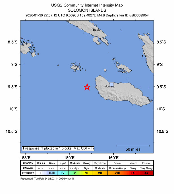 USGS DYFI community-reported intensity map for the M4.8 earthquake near 40 km WNW of Malango, Solomon Islands