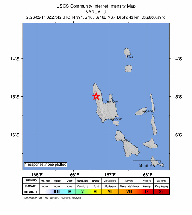 USGS DYFI community-reported intensity map for the M6.4 earthquake near 48 km W of Port-Olry, Vanuatu