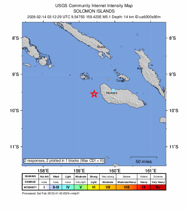 USGS DYFI community-reported intensity map for the M5.1 earthquake near 36 km WNW of Malango, Solomon Islands