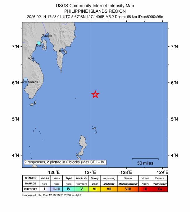 USGS DYFI community-reported intensity map for the M5.2 earthquake near 131 km SE of Pondaguitan, Philippines