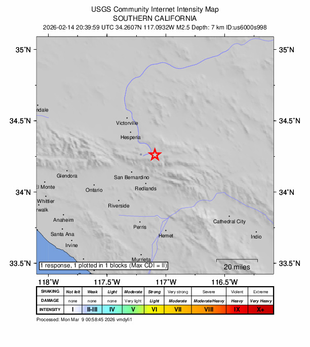 USGS DYFI community-reported intensity map for the M2.3 earthquake near 6 km NNE of Running Springs, CA