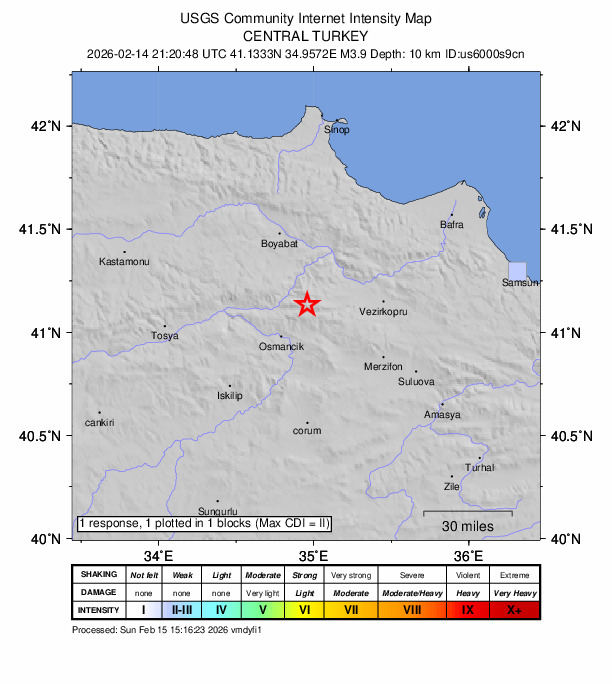USGS DYFI community-reported intensity map for the M3.8 earthquake near 24 km NNE of Osmancık, Turkey