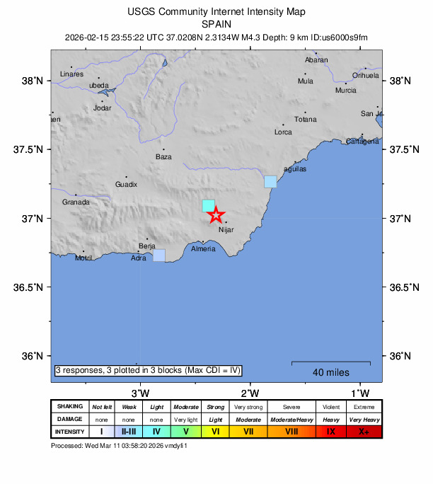 USGS DYFI community-reported intensity map for the M4.3 earthquake near 4 km WSW of Turrillas, Spain