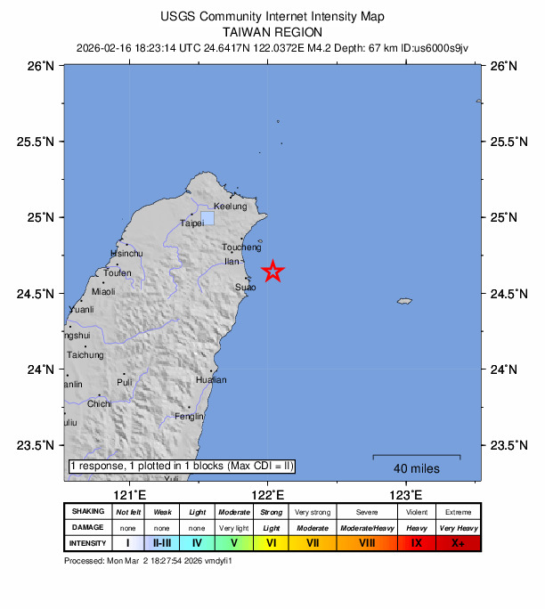 USGS DYFI community-reported intensity map for the M4.2 earthquake near 31 km ESE of Yilan, Taiwan