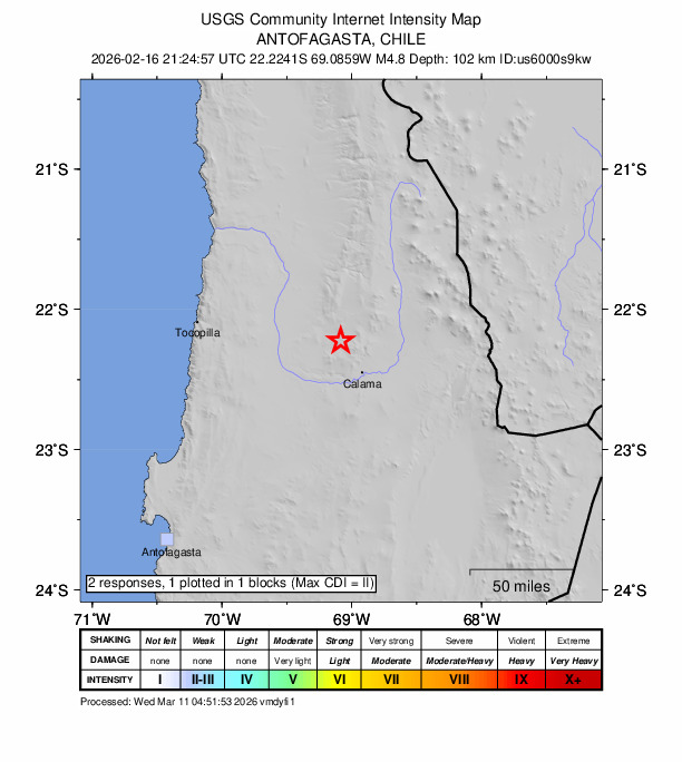 USGS DYFI community-reported intensity map for the M4.8 earthquake near 30 km NNW of Calama, Chile
