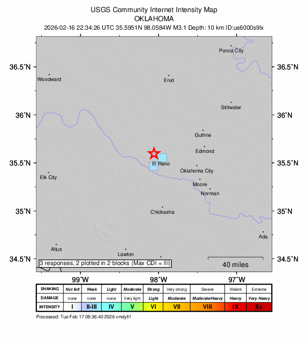 USGS DYFI community-reported intensity map for the M3.1 earthquake near 5 km E of Calumet, Oklahoma