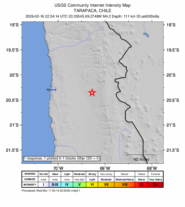 USGS DYFI community-reported intensity map for the M4.2 earthquake near 39 km E of La Tirana, Chile