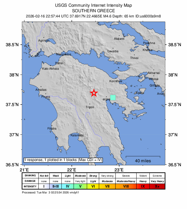 USGS DYFI community-reported intensity map for the M4.6 earthquake near 15 km E of Levídion, Greece