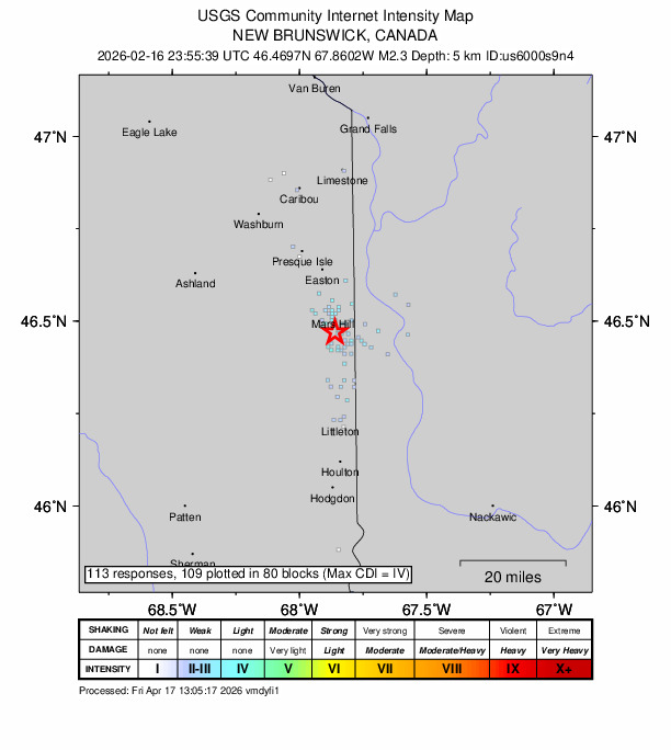 USGS DYFI community-reported intensity map for the M2.3 earthquake near 3 km S of Blaine, Maine