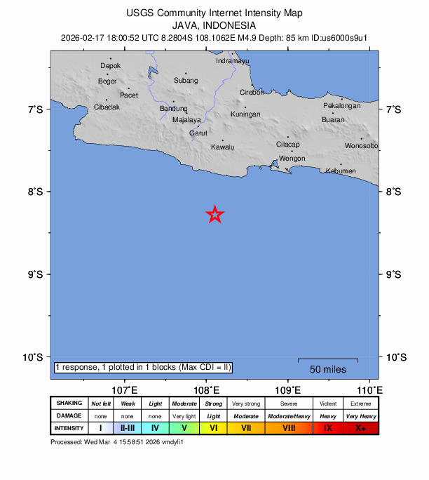 USGS DYFI community-reported intensity map for the M4.9 earthquake near 100 km S of Kawalu, Indonesia