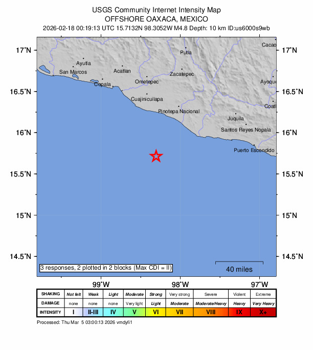 USGS DYFI community-reported intensity map for the M4.8 earthquake near 65 km S of Corralero, Mexico