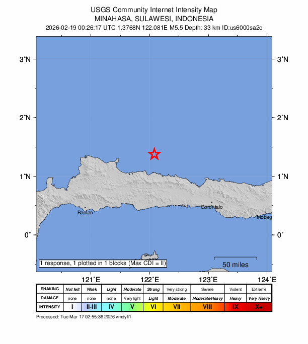 USGS DYFI community-reported intensity map for the M5.5 earthquake near 143 km NW of Gorontalo, Indonesia