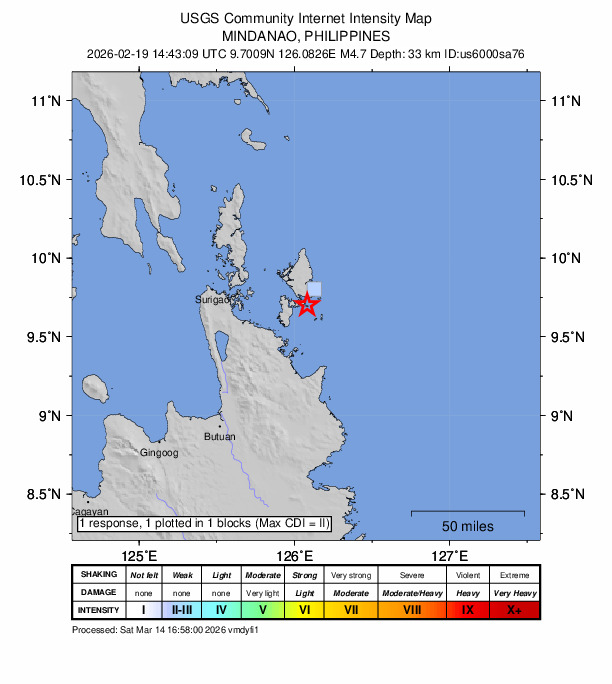 USGS DYFI community-reported intensity map for the M4.7 earthquake near 5 km S of Union, Philippines