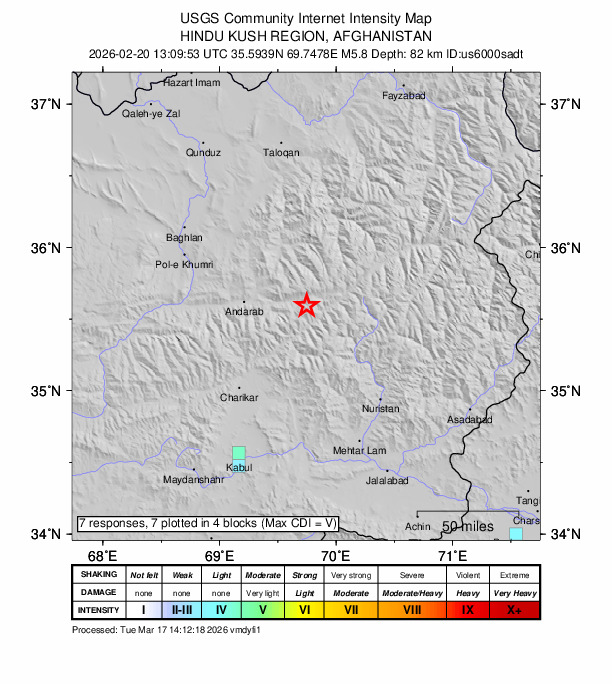 USGS DYFI community-reported intensity map for the M5.8 earthquake near 37 km NE of Bāzārak, Afghanistan