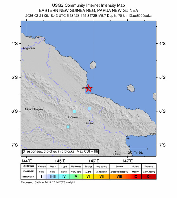 USGS DYFI community-reported intensity map for the M5.7 earthquake near 14 km SSE of Madang, Papua New Guinea