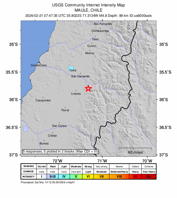 USGS DYFI community-reported intensity map for the M4.8 earthquake near 14 km SE of Colbún, Chile