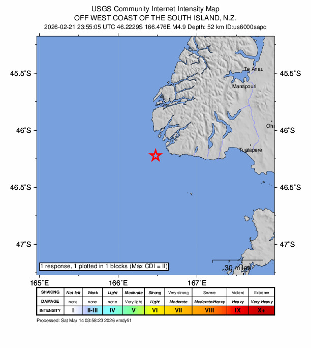 USGS DYFI community-reported intensity map for the M4.9 earthquake near 132 km W of Riverton, New Zealand