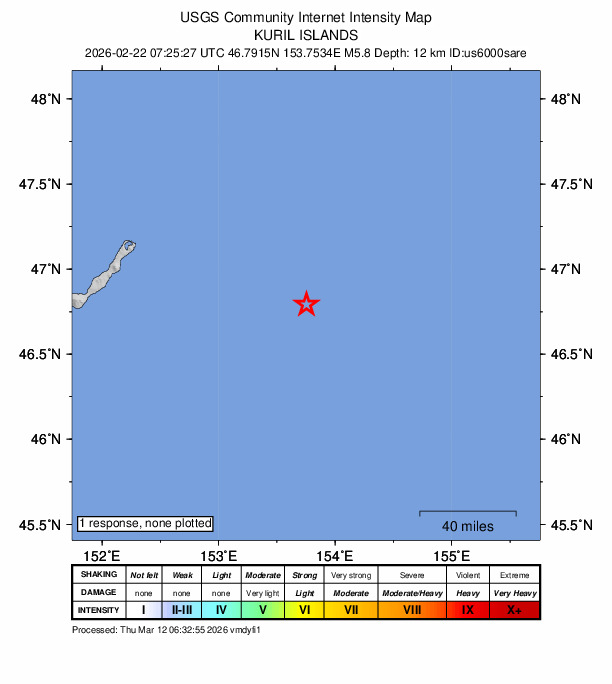 USGS DYFI community-reported intensity map for the M5.8 earthquake near Kuril Islands
