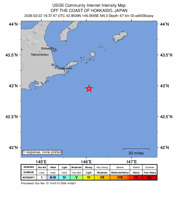 USGS DYFI community-reported intensity map for the M4.3 earthquake near 57 km SE of Nemuro, Japan