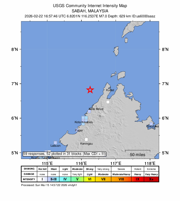 USGS DYFI community-reported intensity map for the M7.1 earthquake near 57 km NNW of Kota Belud, Malaysia