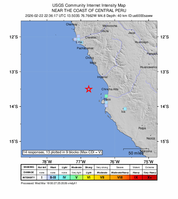 USGS DYFI community-reported intensity map for the M4.8 earthquake near 60 km WNW of Pisco, Peru