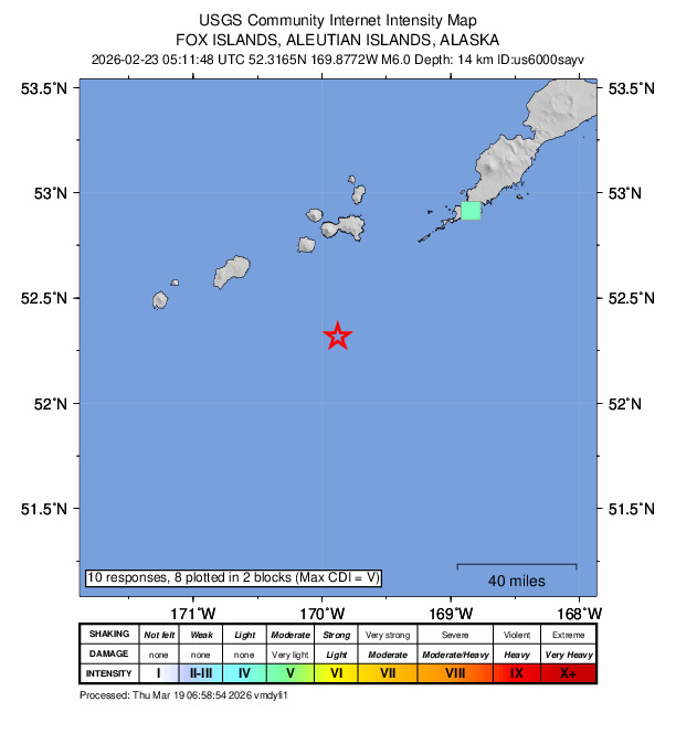 USGS DYFI community-reported intensity map for the M6.0 earthquake near 96 km SW of Nikolski, Alaska