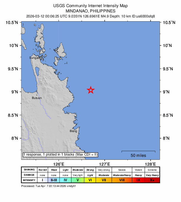 USGS DYFI community-reported intensity map for the M4.9 earthquake near 45 km ENE of Aras-asan, Philippines
