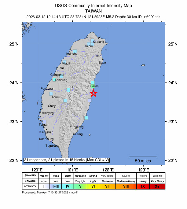 USGS DYFI community-reported intensity map for the M5.1 earthquake near 28 km S of Hualien City, Taiwan
