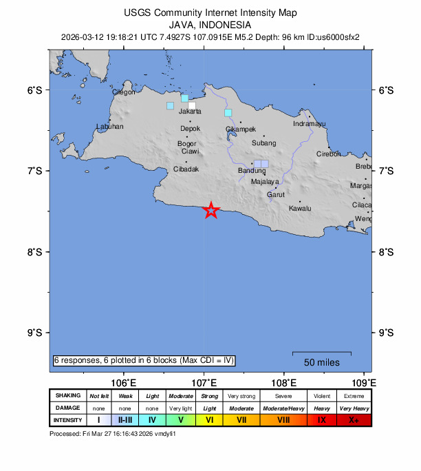 USGS DYFI community-reported intensity map for the M5.2 earthquake near 49 km SW of Banjar, Indonesia