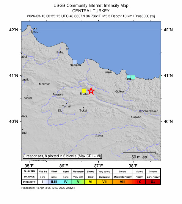 USGS DYFI community-reported intensity map for the M5.3 earthquake near 15 km WNW of Niksar, Turkey
