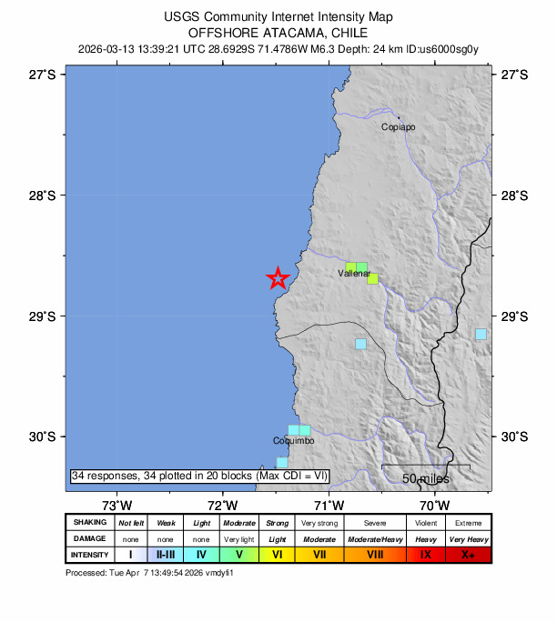 USGS DYFI community-reported intensity map for the M6.2 earthquake near 71 km W of Vallenar, Chile