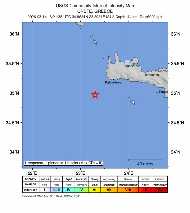 USGS DYFI community-reported intensity map for the M4.8 earthquake near 45 km SW of Palaióchora, Greece