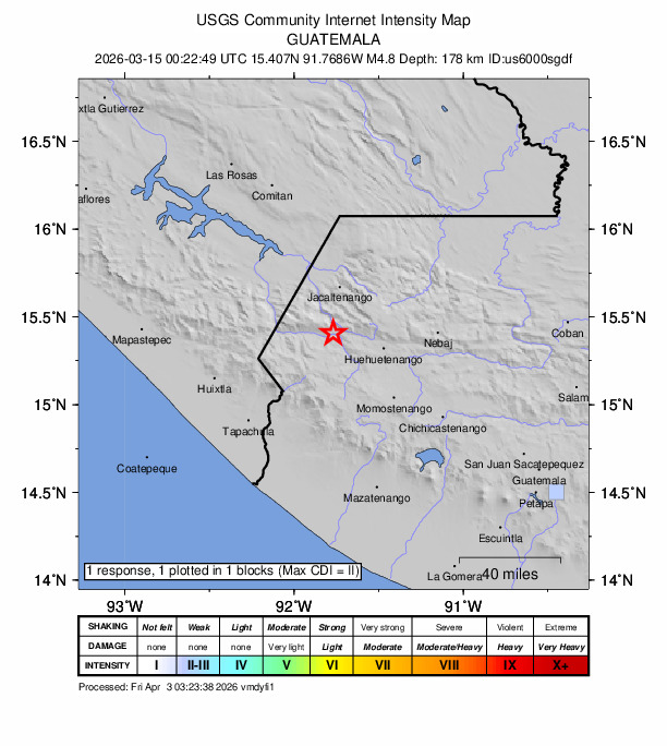 USGS DYFI community-reported intensity map for the M4.8 earthquake near 1 km S of Ixtahuacán, Guatemala