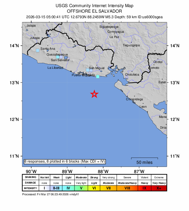 USGS DYFI community-reported intensity map for the M5.3 earthquake near 64 km SSW of Intipucá, El Salvador