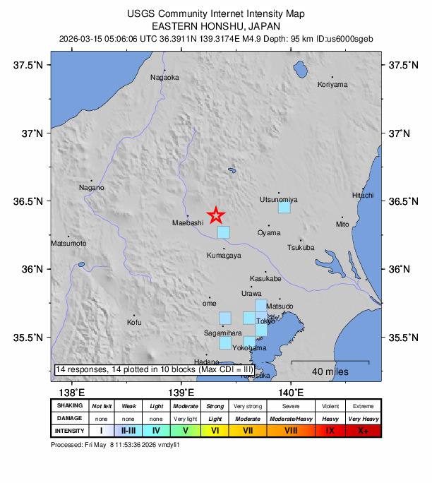 USGS DYFI community-reported intensity map for the M4.9 earthquake near 1 km SW of Kiryū, Japan
