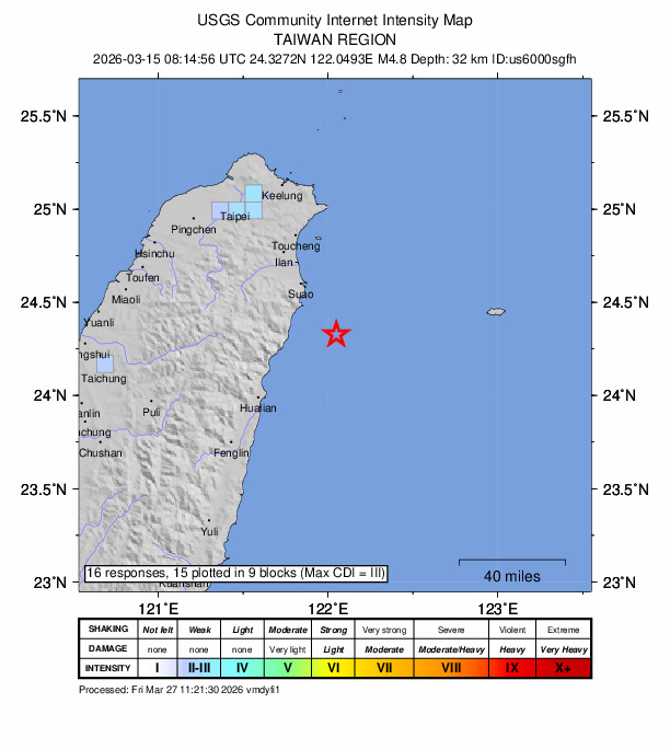 USGS DYFI community-reported intensity map for the M4.8 earthquake near 56 km SSE of Yilan, Taiwan