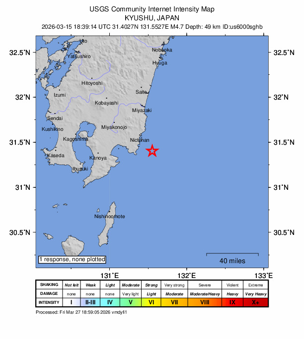 USGS DYFI community-reported intensity map for the M4.7 earthquake near 28 km SE of Nichinan, Japan