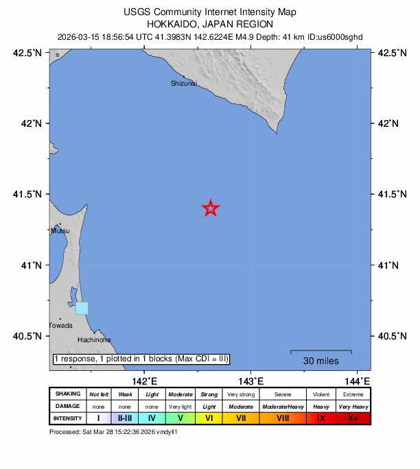USGS DYFI community-reported intensity map for the M4.9 earthquake near 84 km SSW of Honchō, Japan