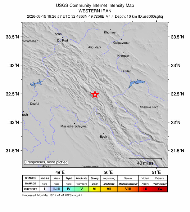 USGS DYFI community-reported intensity map for the M4.4 earthquake near 60 km SW of Fereydūnshahr, Iran