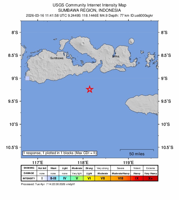 USGS DYFI community-reported intensity map for the M4.9 earthquake near 85 km SSW of Dompu, Indonesia