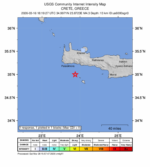 USGS DYFI community-reported intensity map for the M4.3 earthquake near 28 km SSE of Palaióchora, Greece